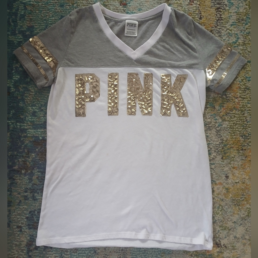 Victoria's Secret PINK Bling V-Neck Tee Colorblock White & Gray